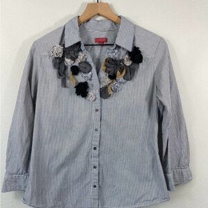 Anthropologie Gray Pinstripe Button-Down Shirt with Floral Appliqué